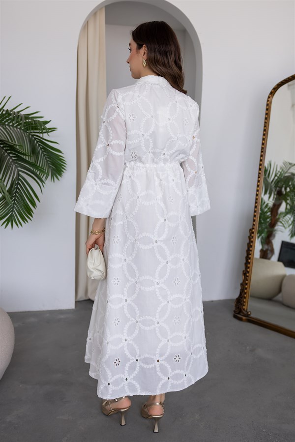 Bağcıklı Brode Elbise - BEYAZ