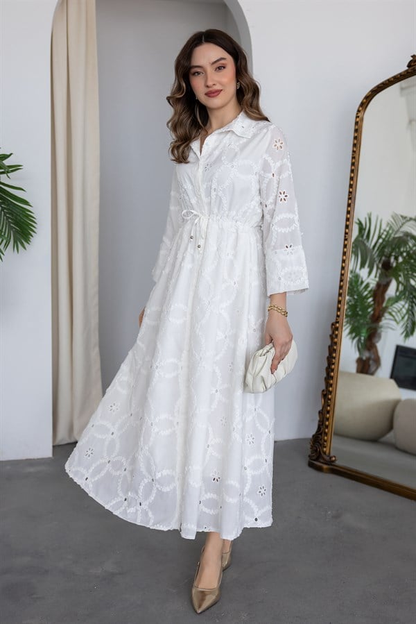 Bağcıklı Brode Elbise - BEYAZ