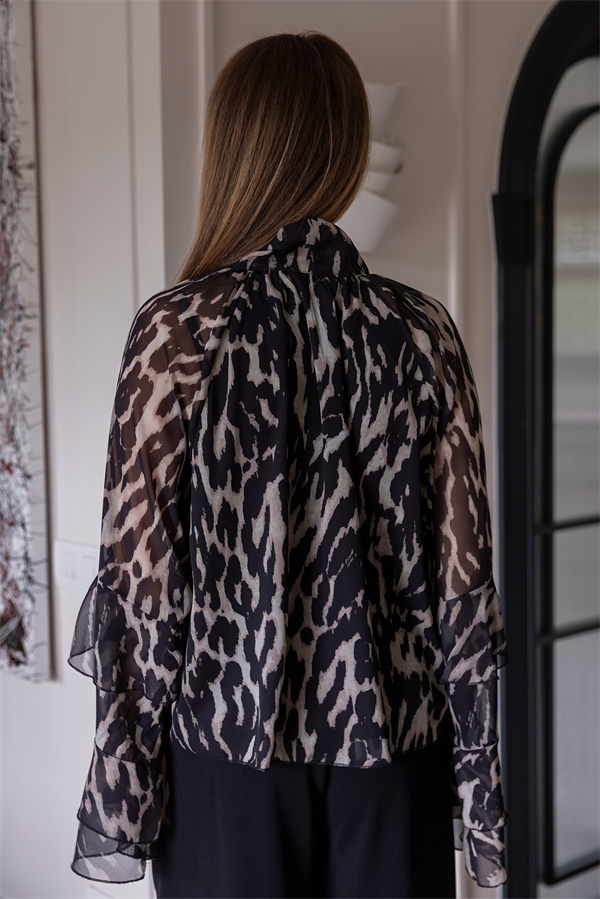 Bağlamalı Desenli Şifon Bluz - SİYAH