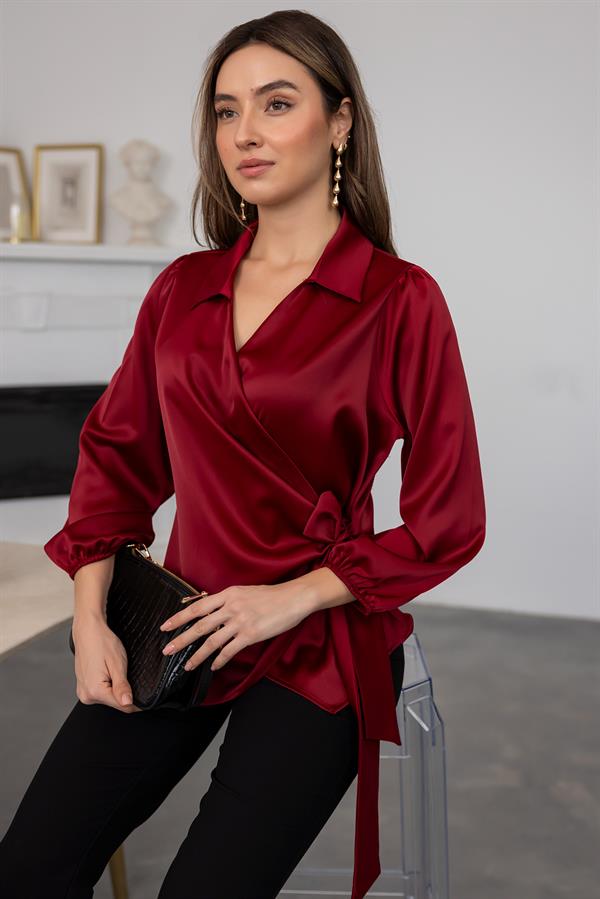 Bağlamalı Saten Bluz - BORDO