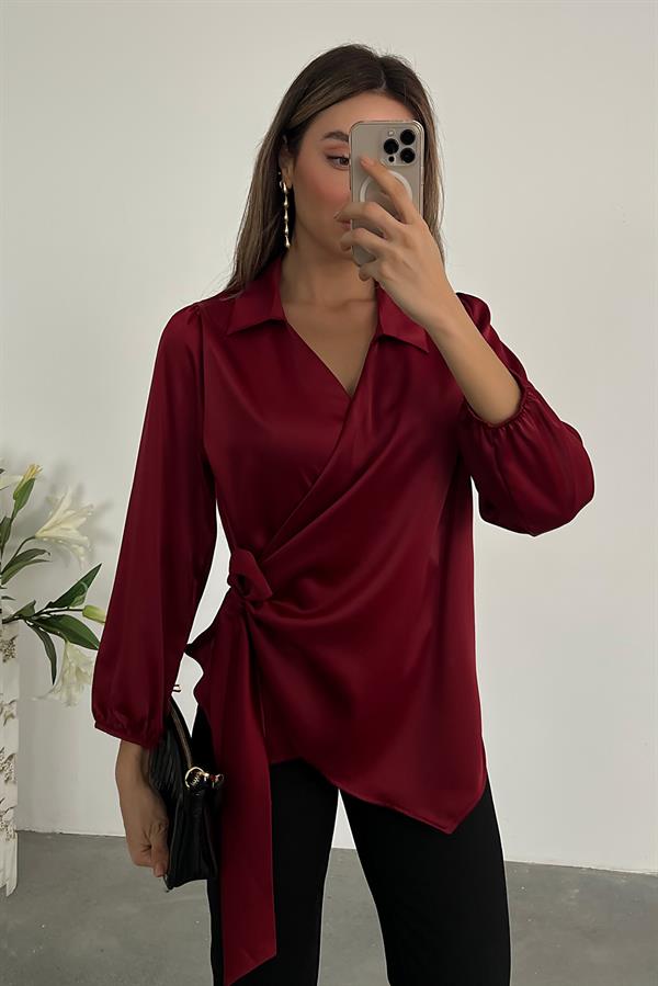 Bağlamalı Saten Bluz - BORDO