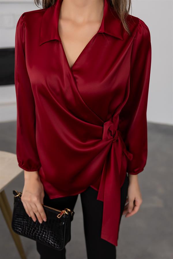 Bağlamalı Saten Bluz - BORDO