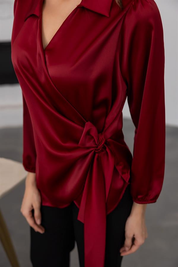 Bağlamalı Saten Bluz - BORDO