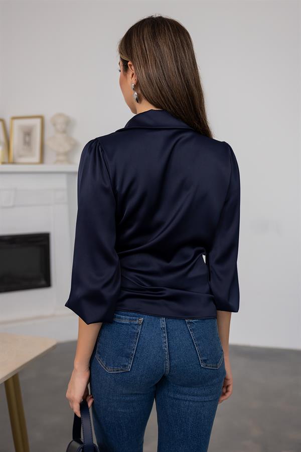 Bağlamalı Saten Bluz - LACİVERT