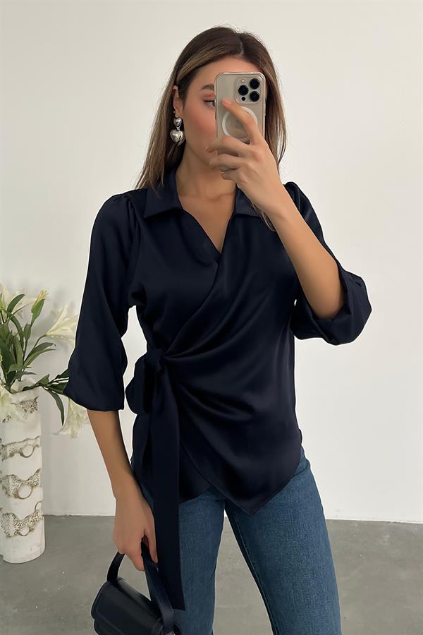 Bağlamalı Saten Bluz - LACİVERT