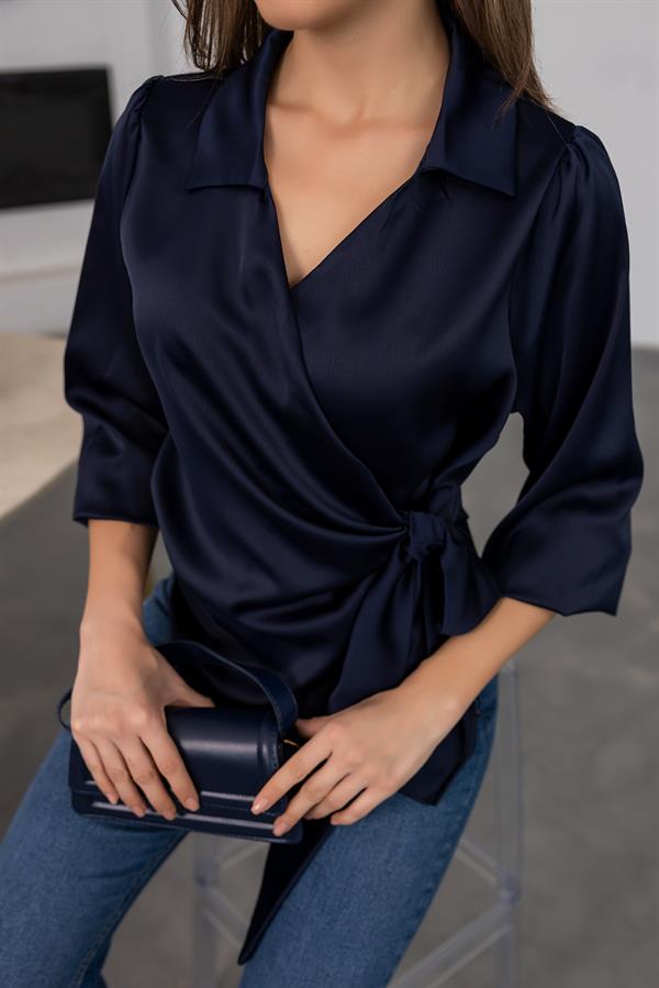 Bağlamalı Saten Bluz - LACİVERT