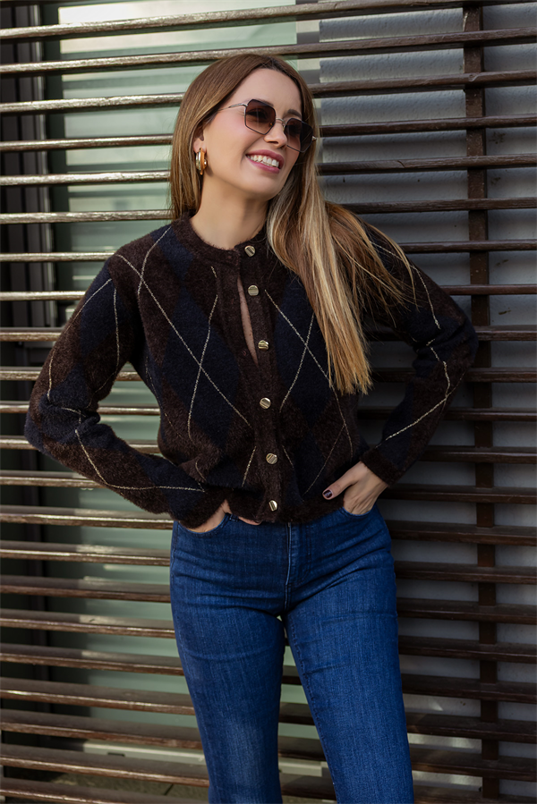 Baklava Desen Premium Hırka - KAHVERENGİ