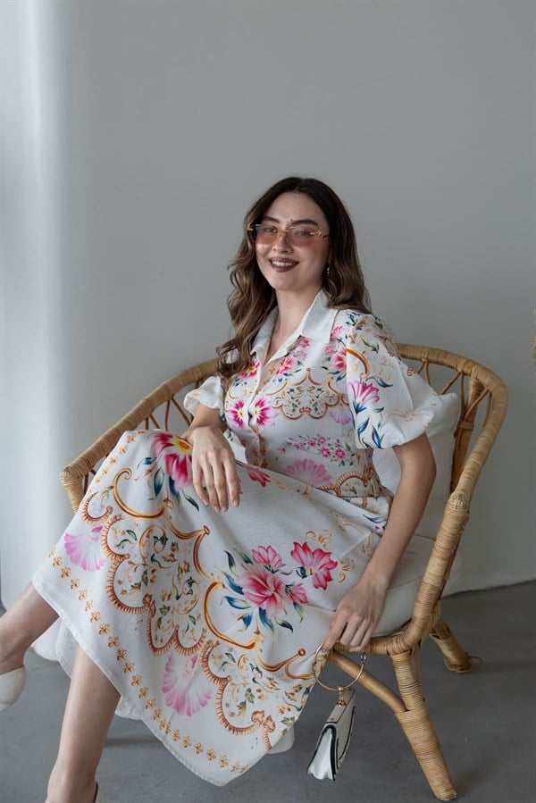 Balon Kol Desenli Elbise - EKRU