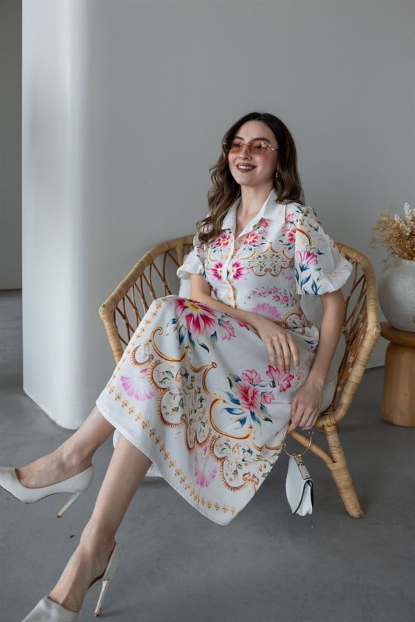 Balon Kol Desenli Elbise - EKRU