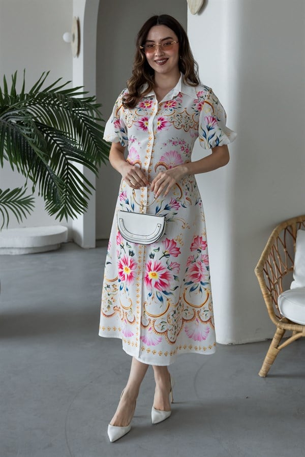 Balon Kol Desenli Elbise - EKRU