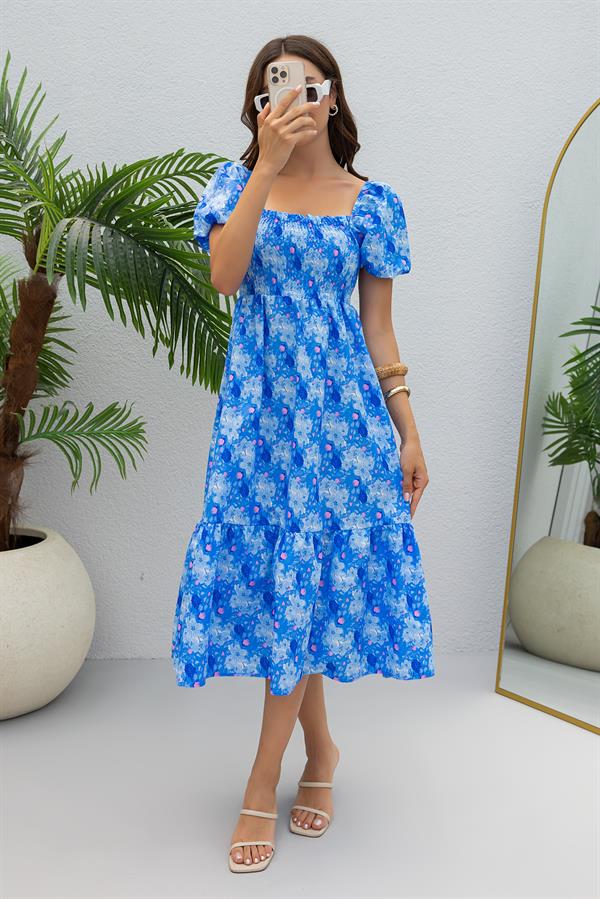 Balon Kol Gipeli Elbise - MAVİ