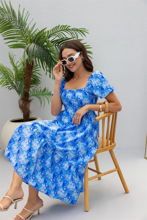 Balon Kol Gipeli Elbise - MAVİ