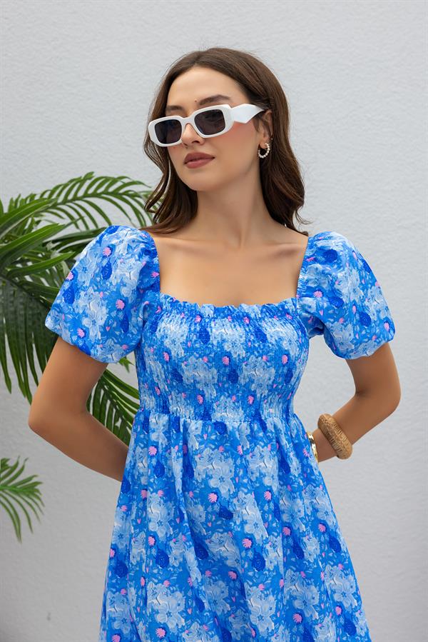 Balon Kol Gipeli Elbise - MAVİ