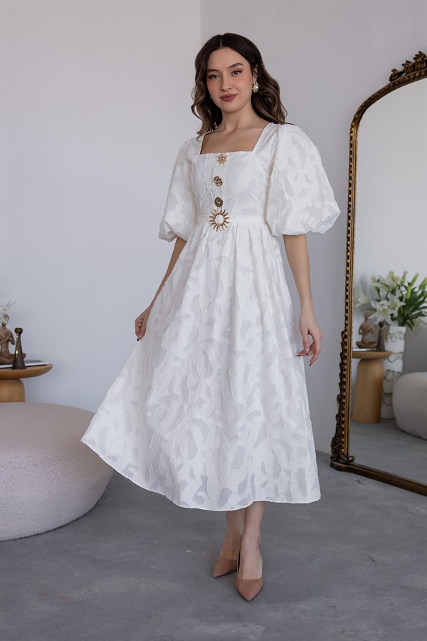 Balon Kol Gold Düğmeli Elbise - EKRU