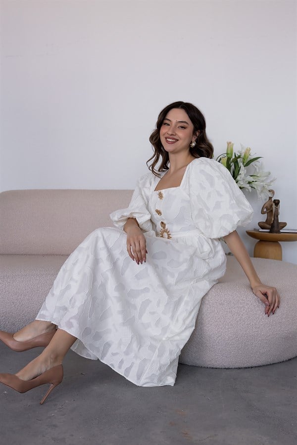 Balon Kol Gold Düğmeli Elbise - EKRU