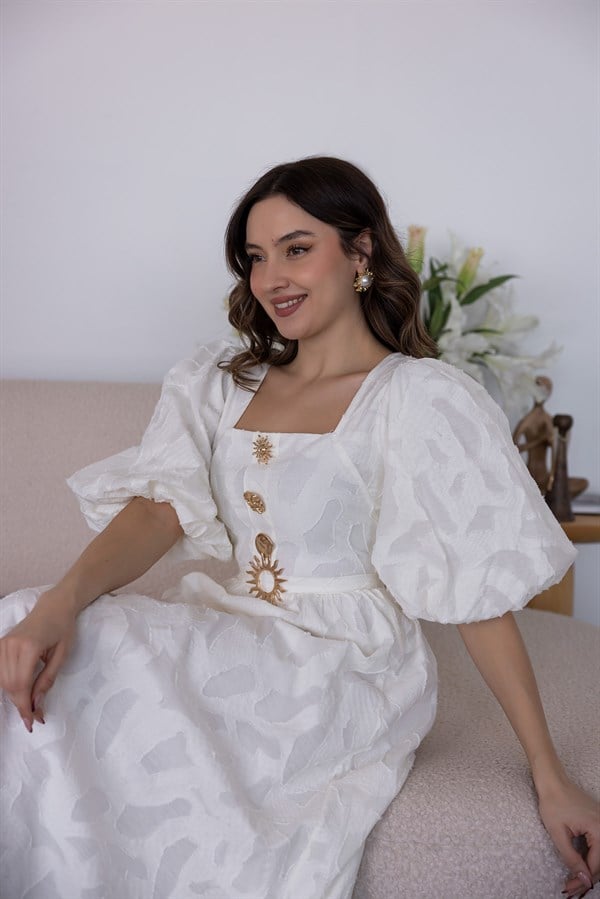 Balon Kol Gold Düğmeli Elbise - EKRU