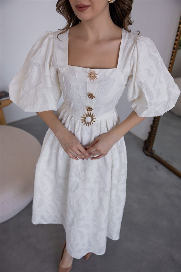 Balon Kol Gold Düğmeli Elbise - EKRU