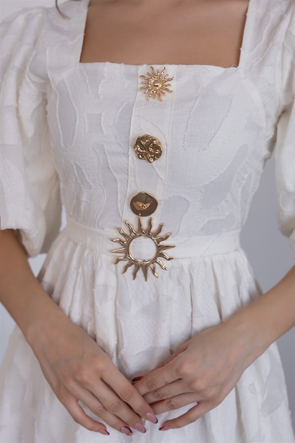 Balon Kol Gold Düğmeli Elbise - EKRU