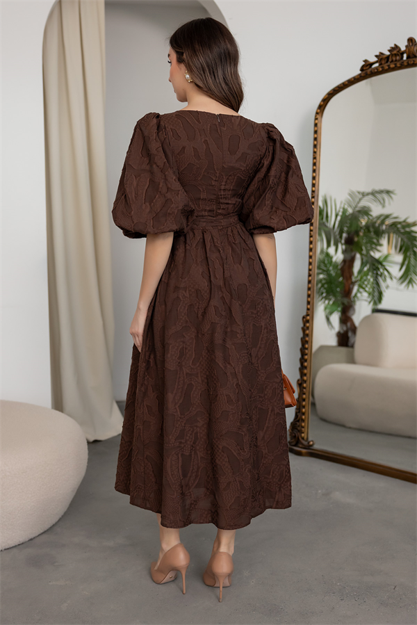 Balon Kol Gold Düğmeli Elbise - KAHVERENGİ