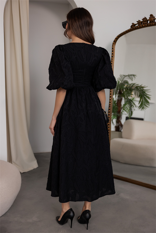 Balon Kol Gold Düğmeli Elbise - SİYAH