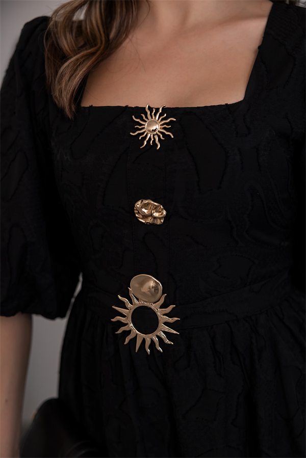 Balon Kol Gold Düğmeli Elbise - SİYAH