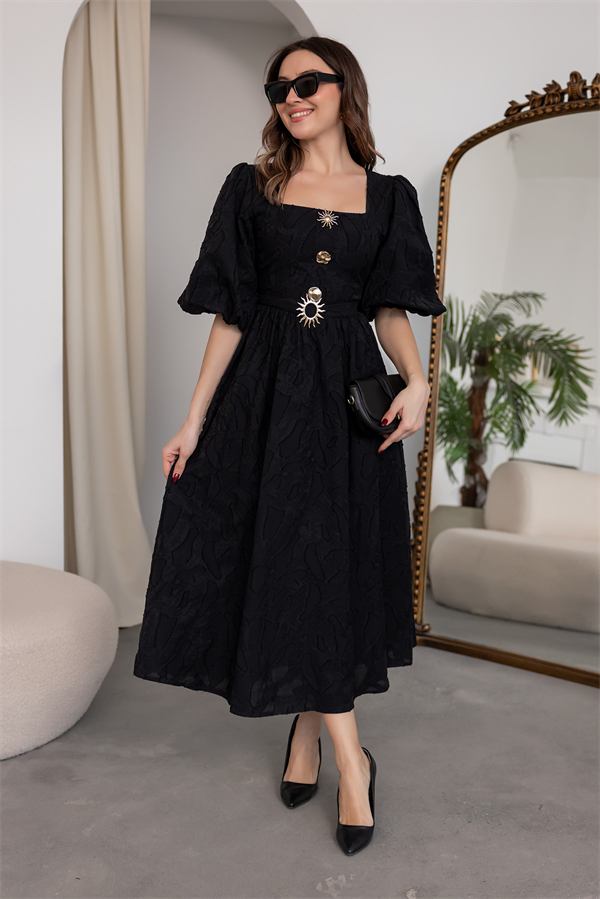 Balon Kol Gold Düğmeli Elbise - SİYAH