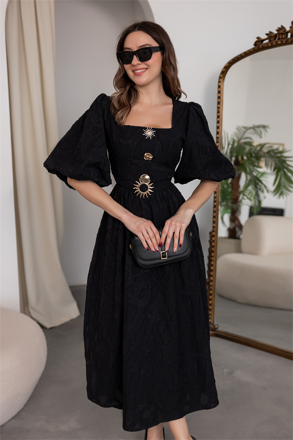 Balon Kol Gold Düğmeli Elbise - SİYAH