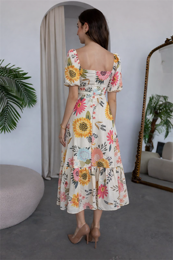 Balon Kol Keten Elbise - EKRU