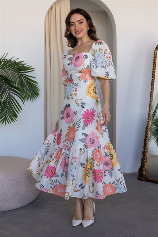 Balon Kol Keten Elbise - EKRU