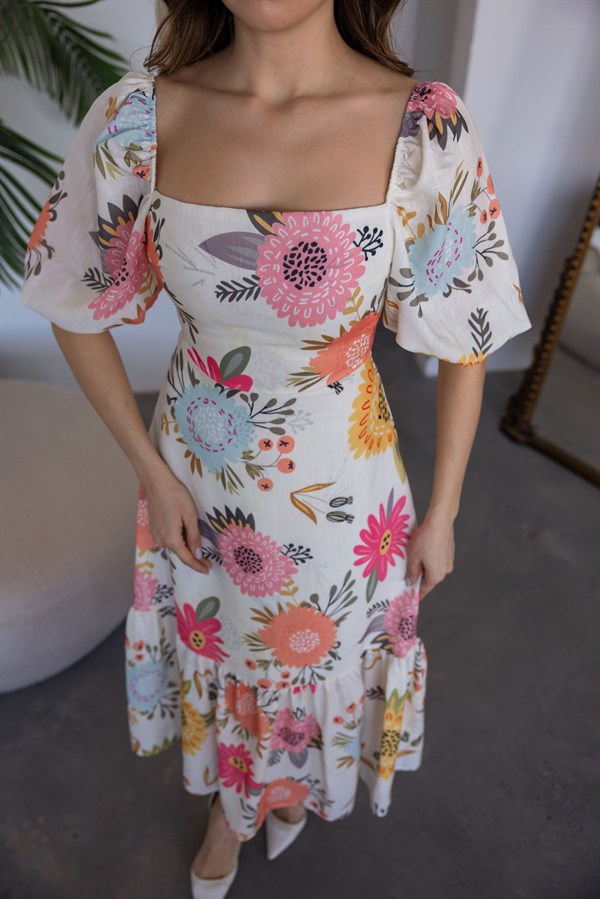 Balon Kol Keten Elbise - EKRU