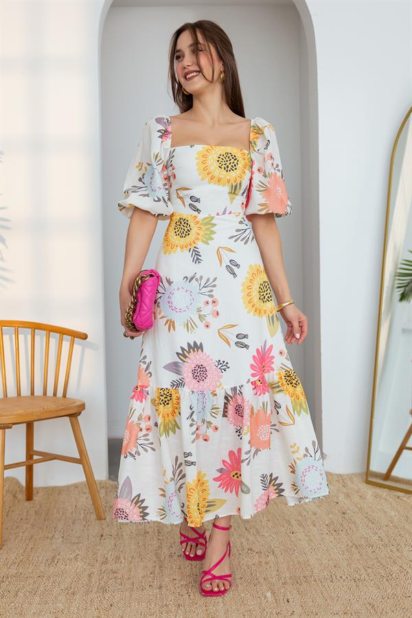 Balon Kol Keten Elbise - EKRU