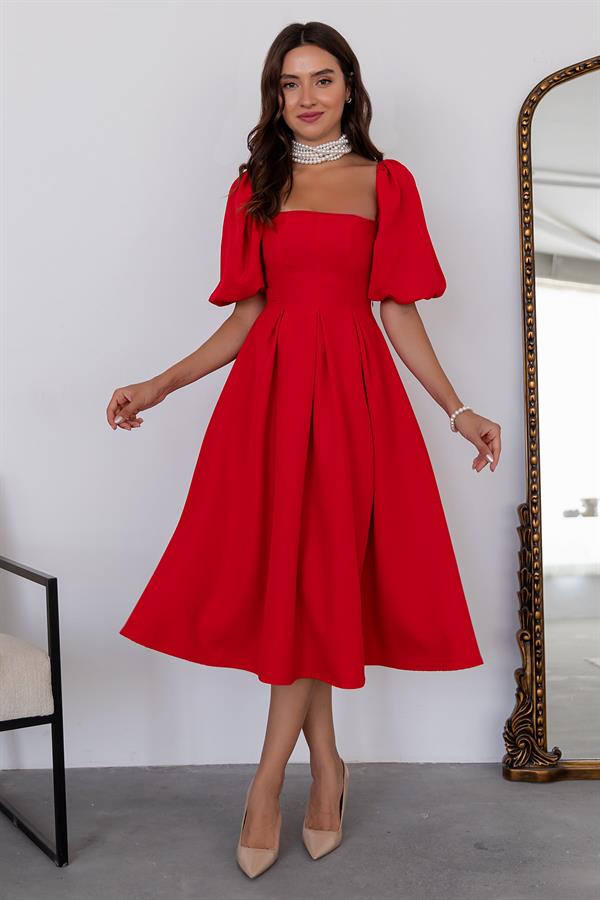 Balon Kol Midi Elbise - KIRMIZI
