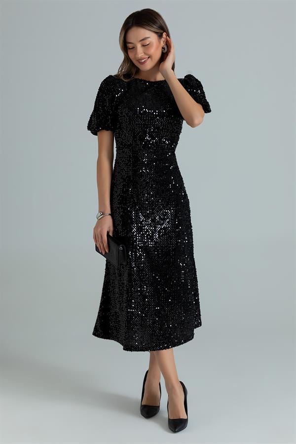 Balon Kol Payetli Elbise - SİYAH