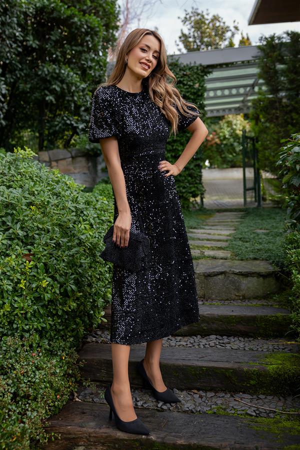 Balon Kol Payetli Elbise - SİYAH