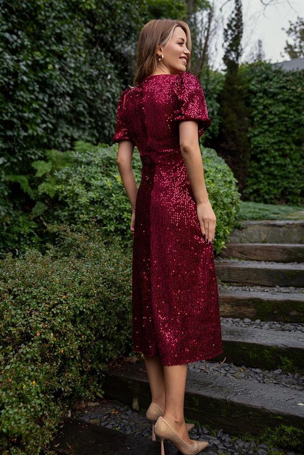 Balon Kol Payetli Uzun Elbise - BORDO