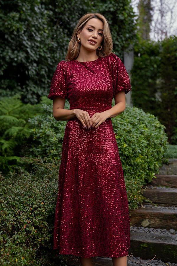 Balon Kol Payetli Uzun Elbise - BORDO