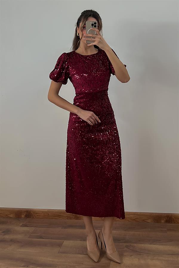 Balon Kol Payetli Uzun Elbise - BORDO