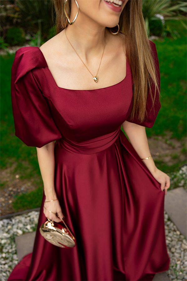 Balon Kol Saten Uzun Abiye - BORDO