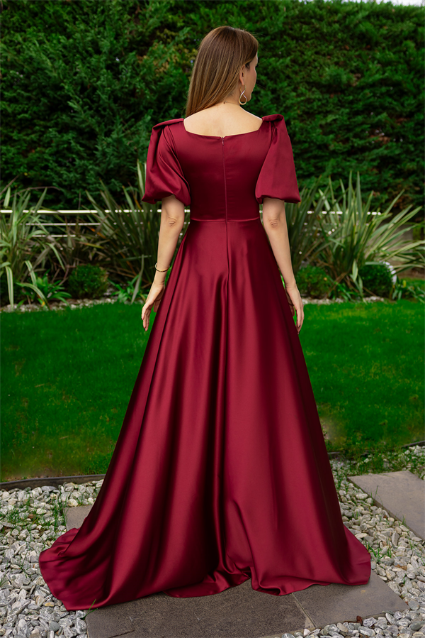 Balon Kol Saten Uzun Abiye - BORDO