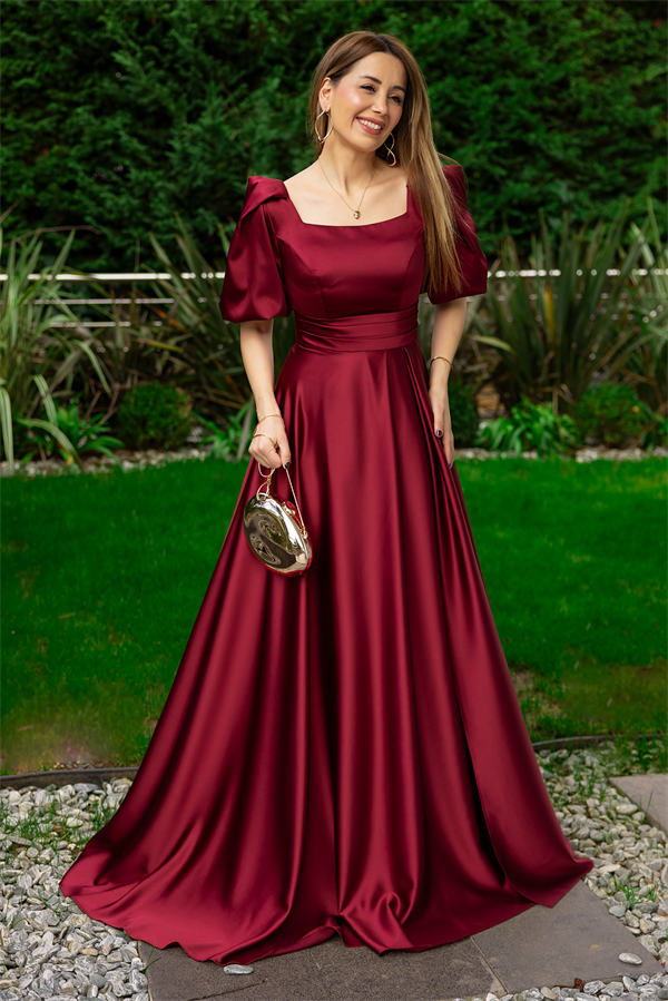 Balon Kol Saten Uzun Abiye - BORDO