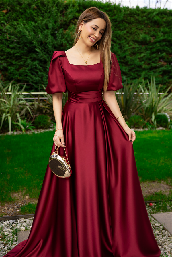 Balon Kol Saten Uzun Abiye - BORDO