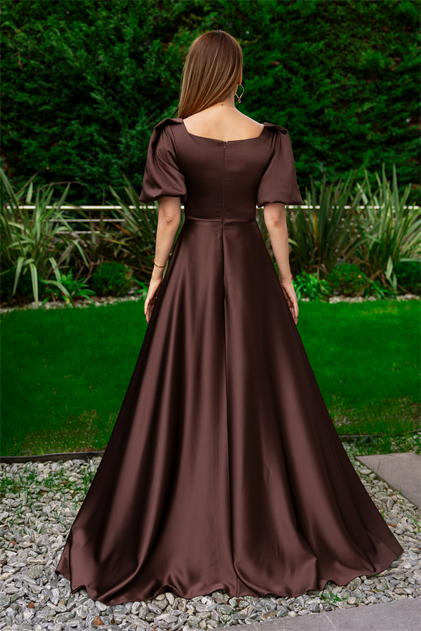 Balon Kol Saten Uzun Abiye - KAHVERENGİ