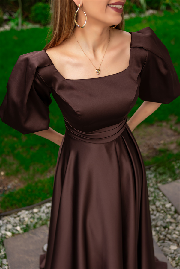 Balon Kol Saten Uzun Abiye - KAHVERENGİ