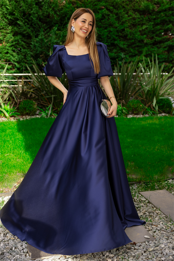 Balon Kol Saten Uzun Abiye - LACİVERT