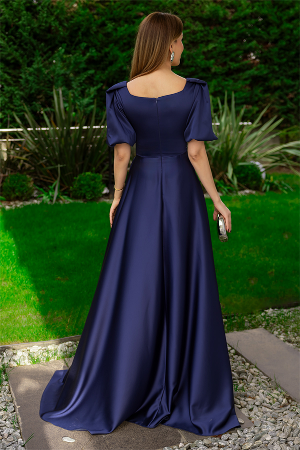 Balon Kol Saten Uzun Abiye - LACİVERT