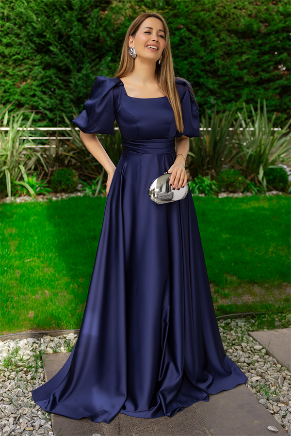 Balon Kol Saten Uzun Abiye - LACİVERT