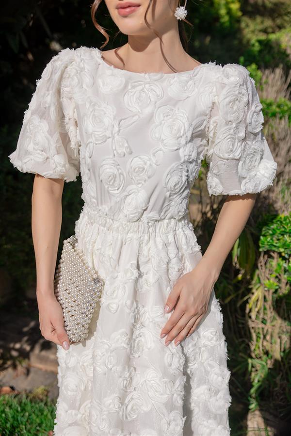 Balon Kol Tasarım Elbise - EKRU