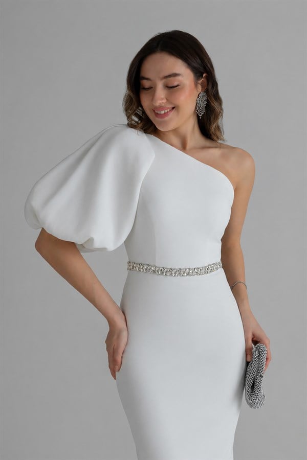 Balon Kol Taşlı Abiye - BEYAZ
