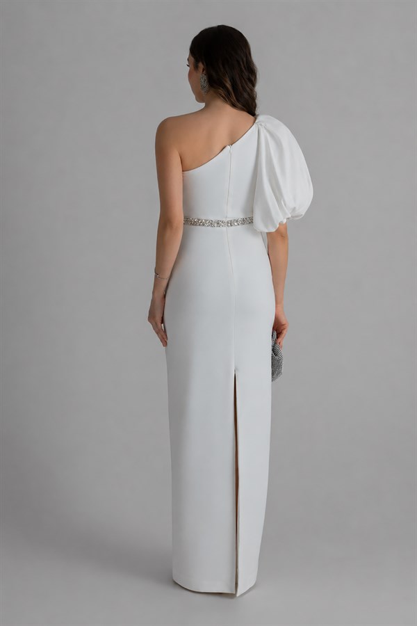 Balon Kol Taşlı Abiye - BEYAZ