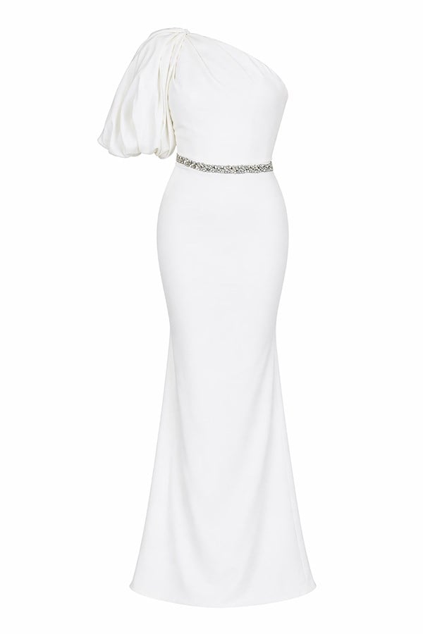 Balon Kol Taşlı Abiye - BEYAZ